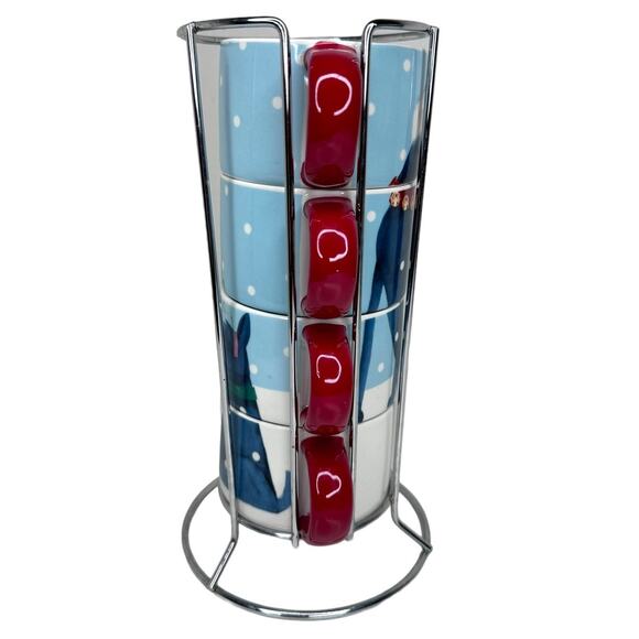 Pier 1 Imports Christmas Dog Stacking Mugs Set of 4 Stoneware Mugs With Caddy - Picture 7 of 10